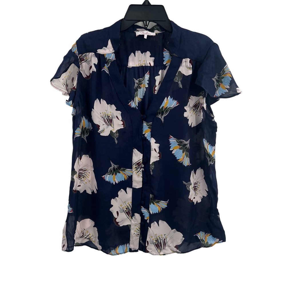 Parker Navy Blue Large Floral Print Blouse Size Small